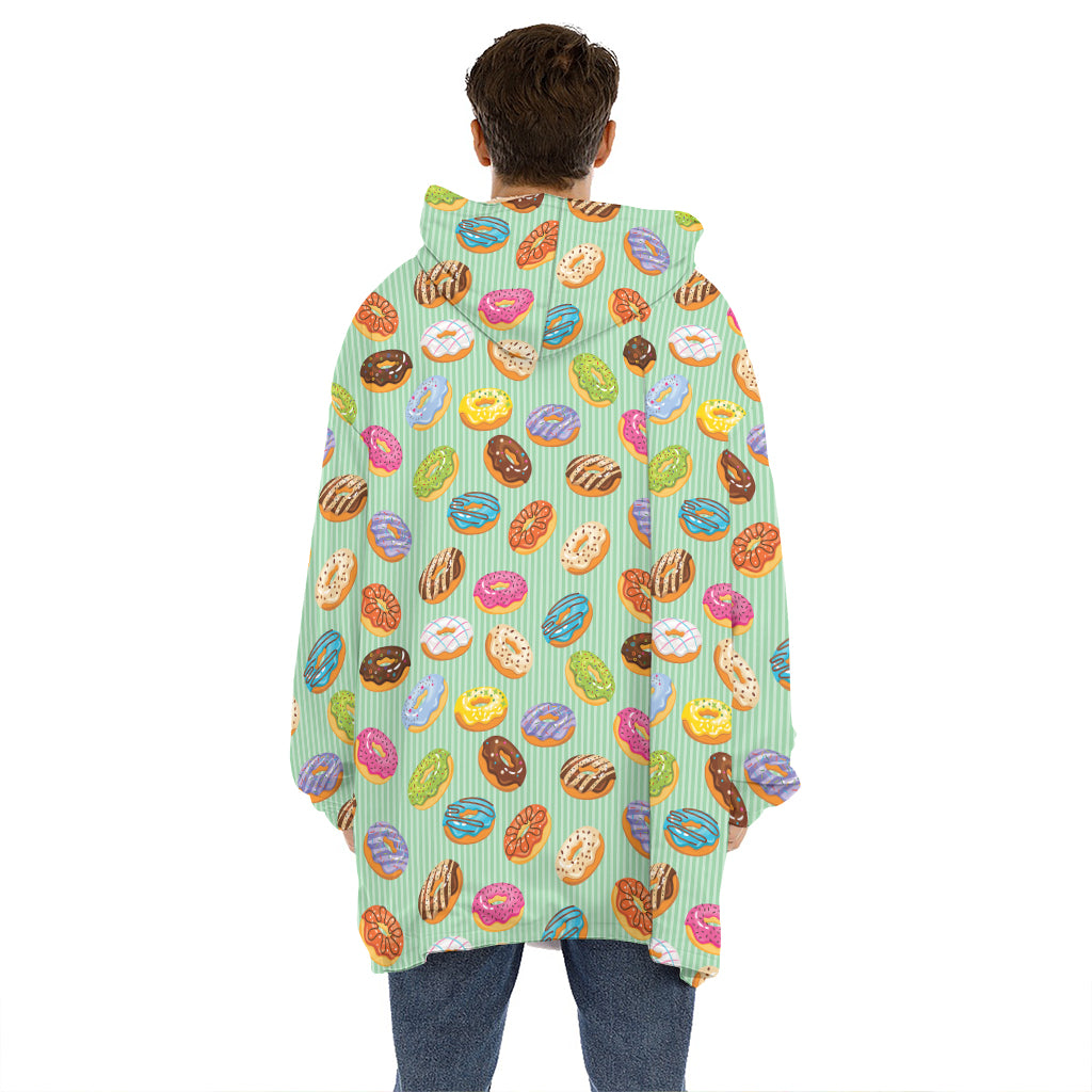 Green Striped Donut Pattern Print Hoodie Blanket