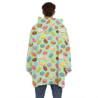 Green Striped Donut Pattern Print Hoodie Blanket