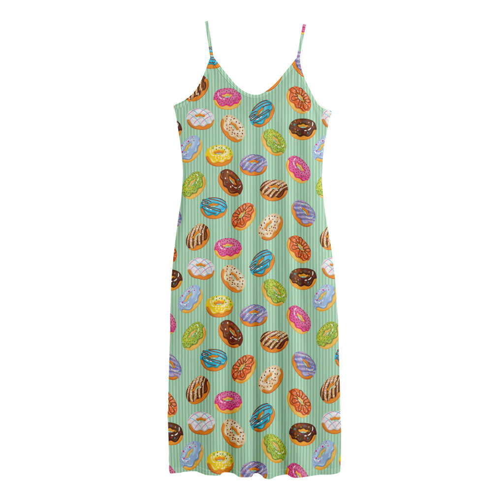 Green Striped Donut Pattern Print Jersey Midi Cami Dress