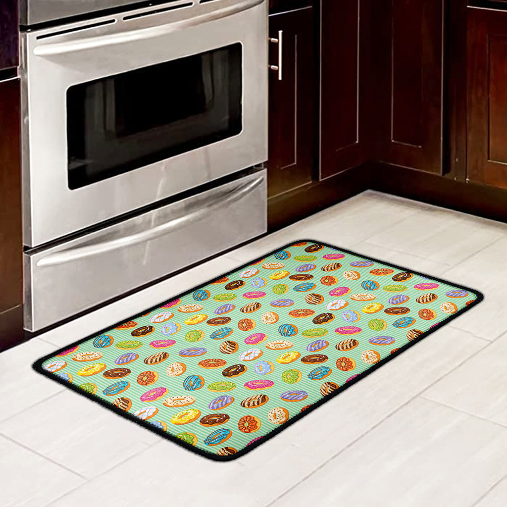Green Striped Donut Pattern Print Kitchen Mat