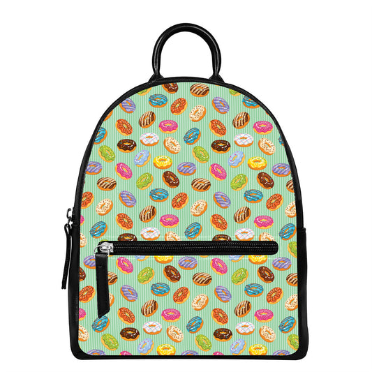 Green Striped Donut Pattern Print Leather Backpack