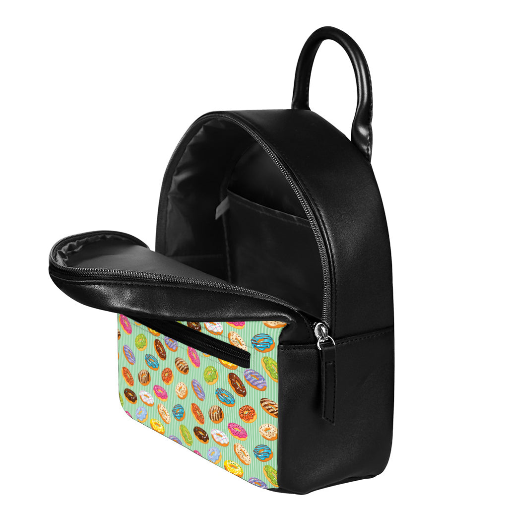 Green Striped Donut Pattern Print Leather Backpack