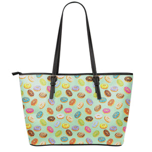 Green Striped Donut Pattern Print Leather Tote Bag