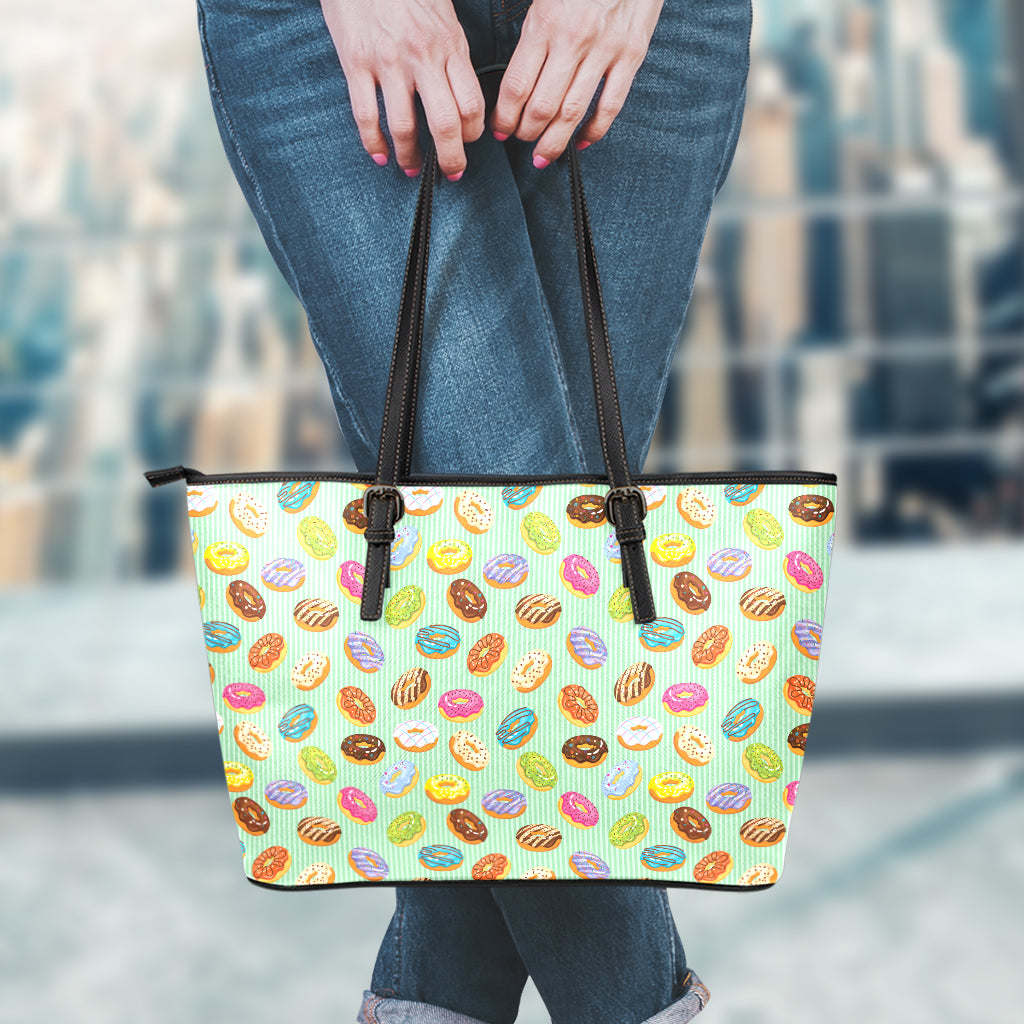 Green Striped Donut Pattern Print Leather Tote Bag