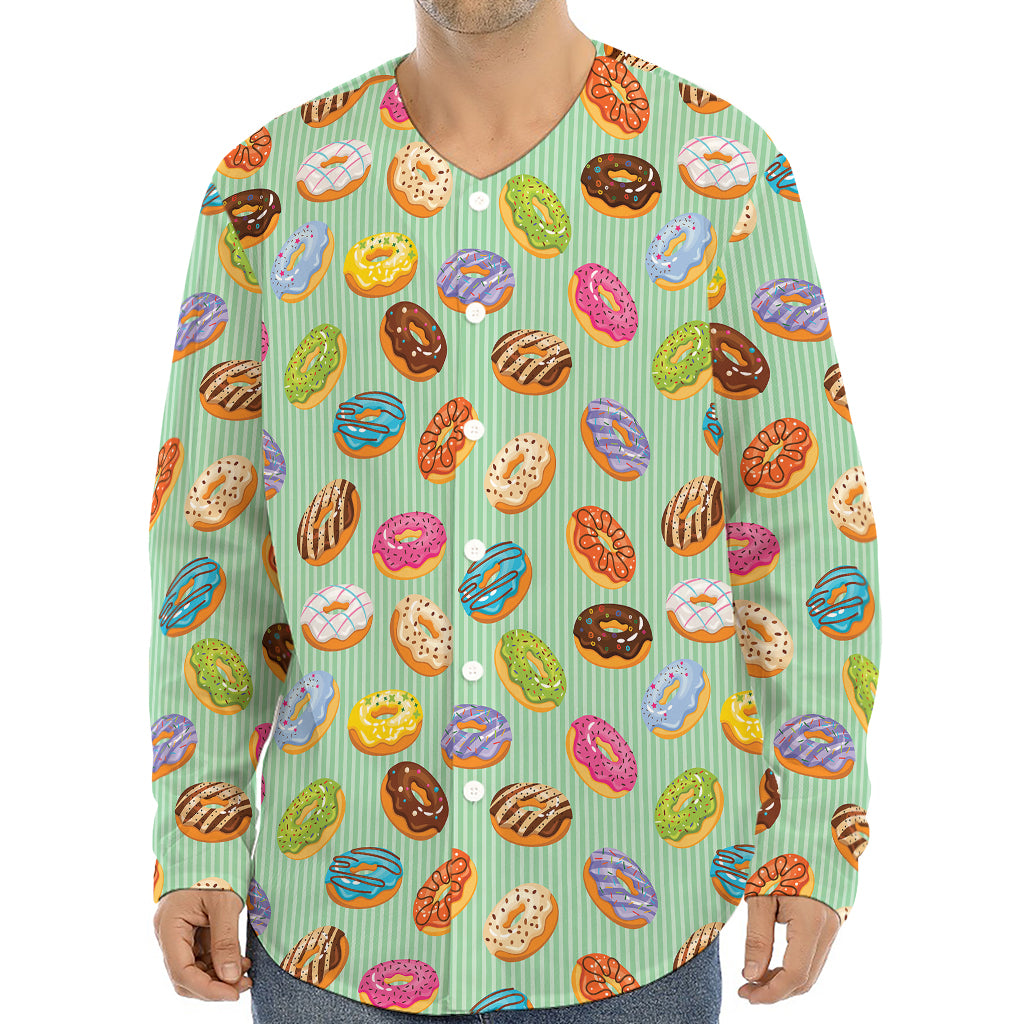 Green Striped Donut Pattern Print Long Sleeve Baseball Jersey