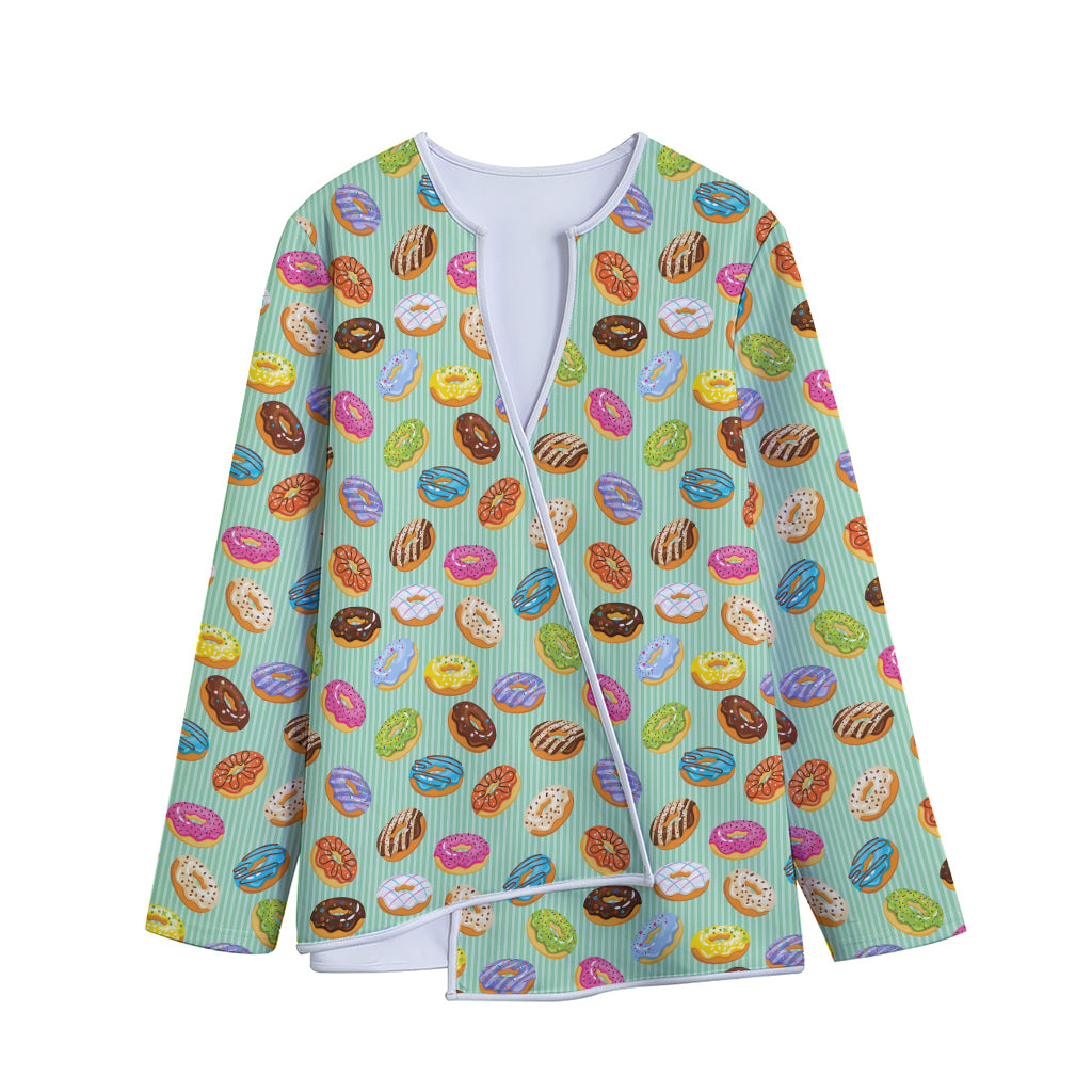 Green Striped Donut Pattern Print Long Sleeve Short Coat