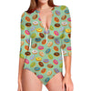 Green Striped Donut Pattern Print Long Sleeve Swimsuit