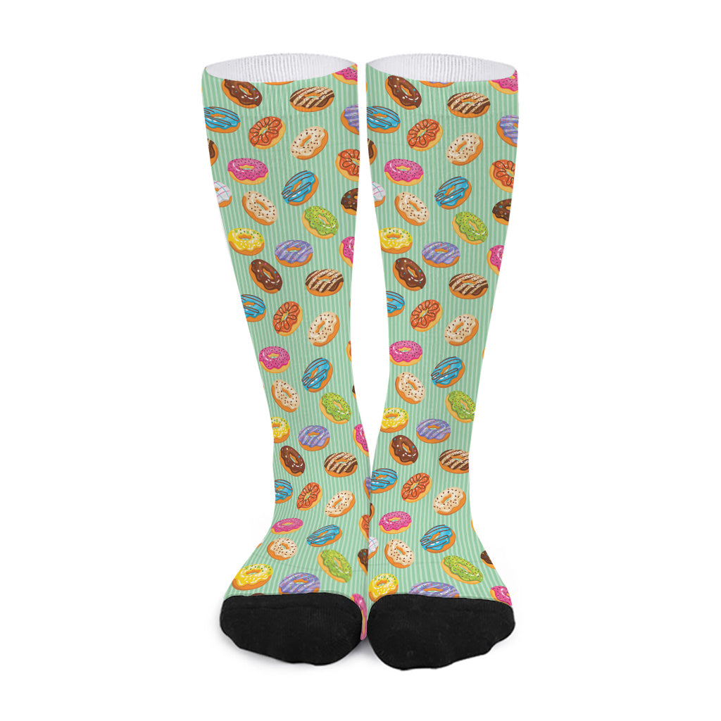 Green Striped Donut Pattern Print Long Socks