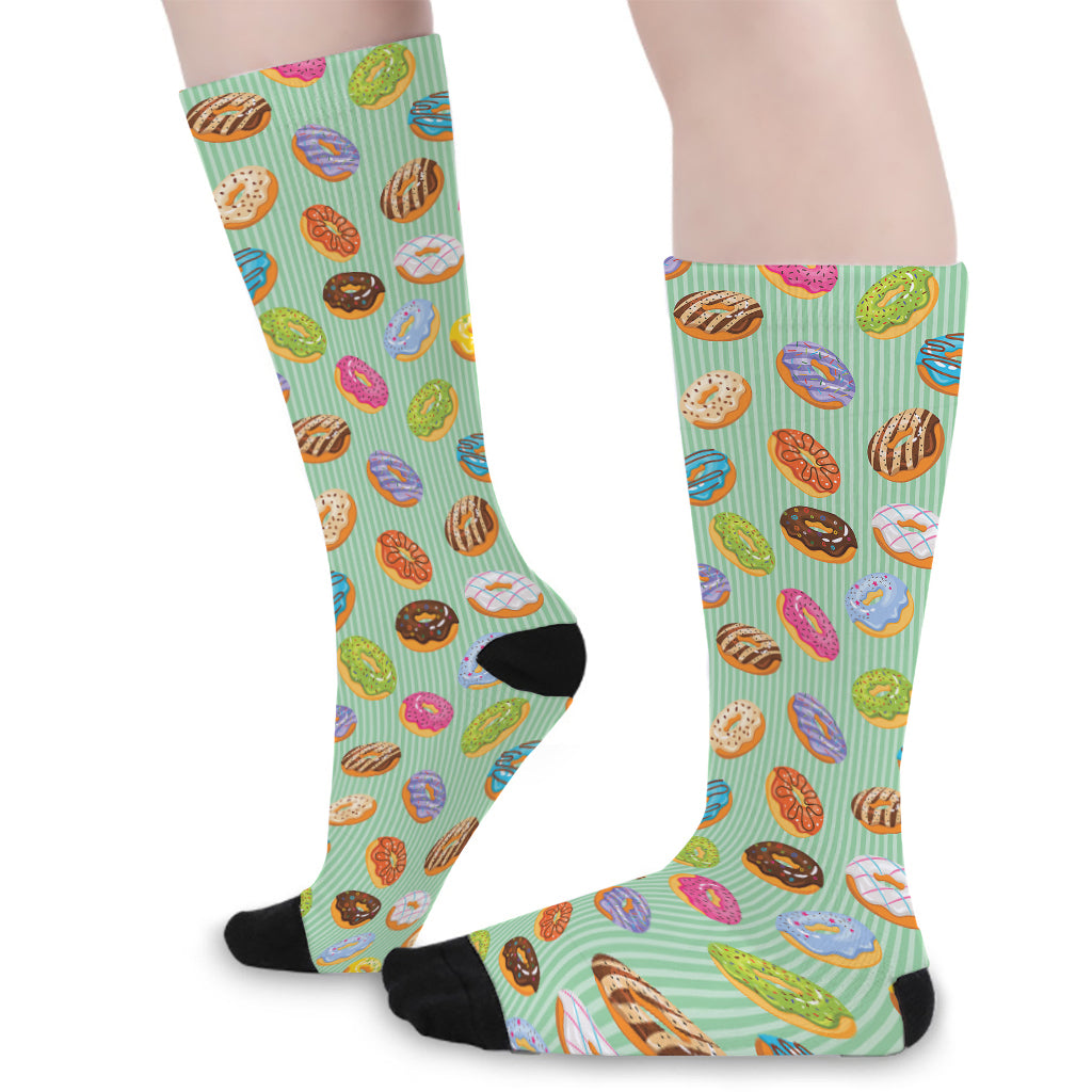 Green Striped Donut Pattern Print Long Socks