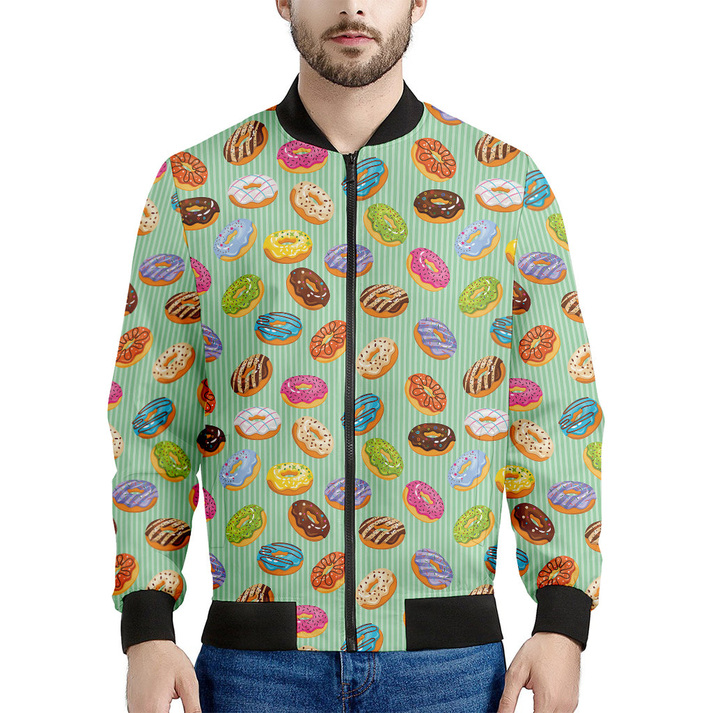 Green Striped Donut Pattern Print Men's Bomber Jacket