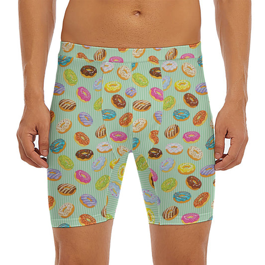 Green Striped Donut Pattern Print Men's Long Boxer Briefs