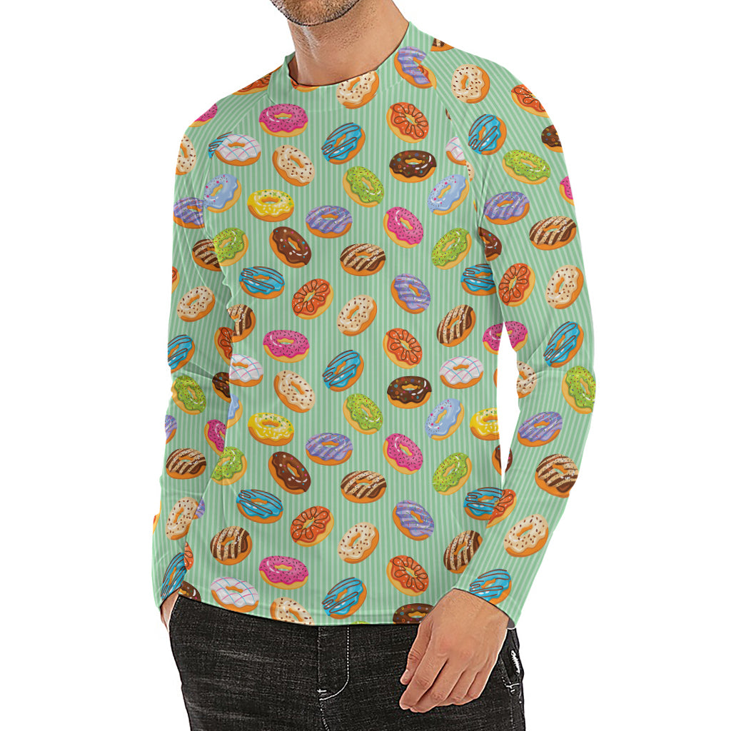 Green Striped Donut Pattern Print Men's Long Sleeve Rash Guard