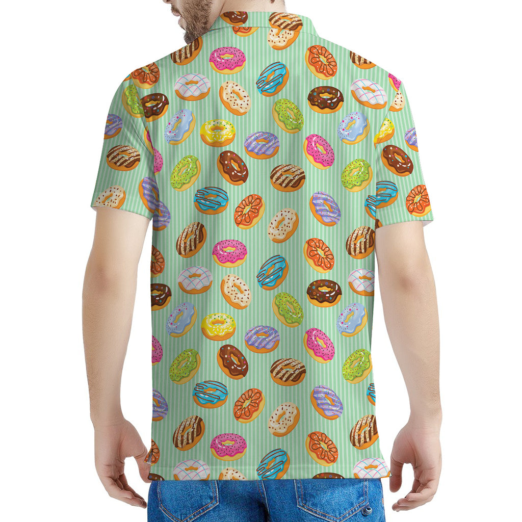 Green Striped Donut Pattern Print Men's Polo Shirt