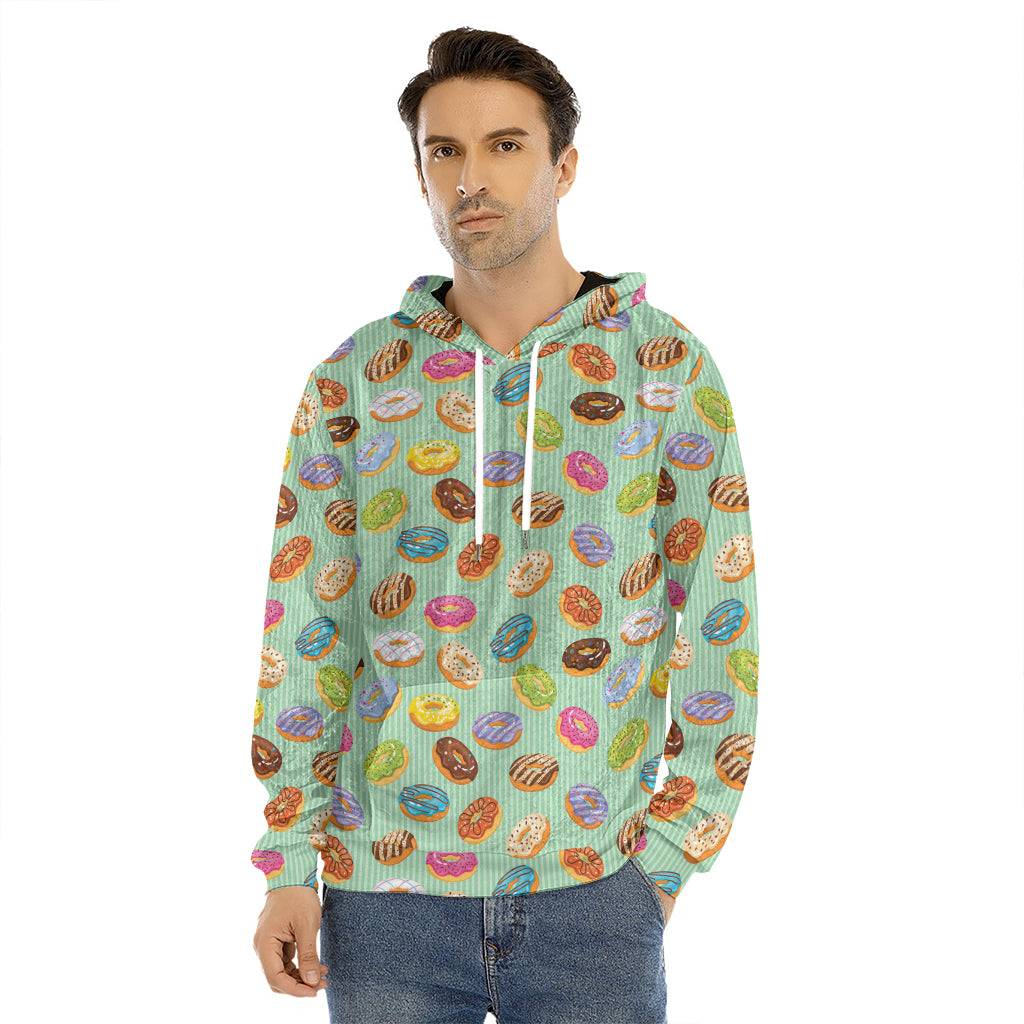 Green Striped Donut Pattern Print Men's Velvet Pullover Hoodie