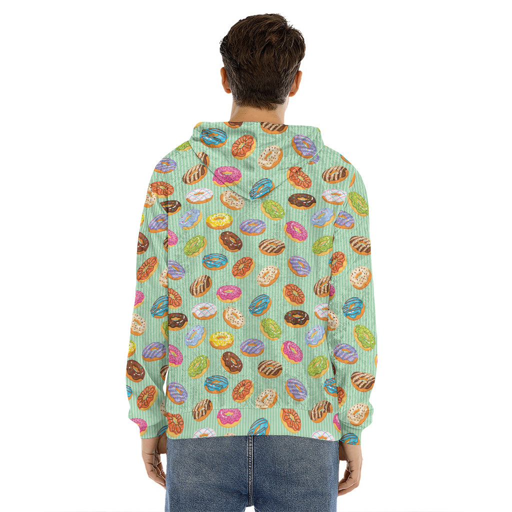 Green Striped Donut Pattern Print Men's Velvet Pullover Hoodie