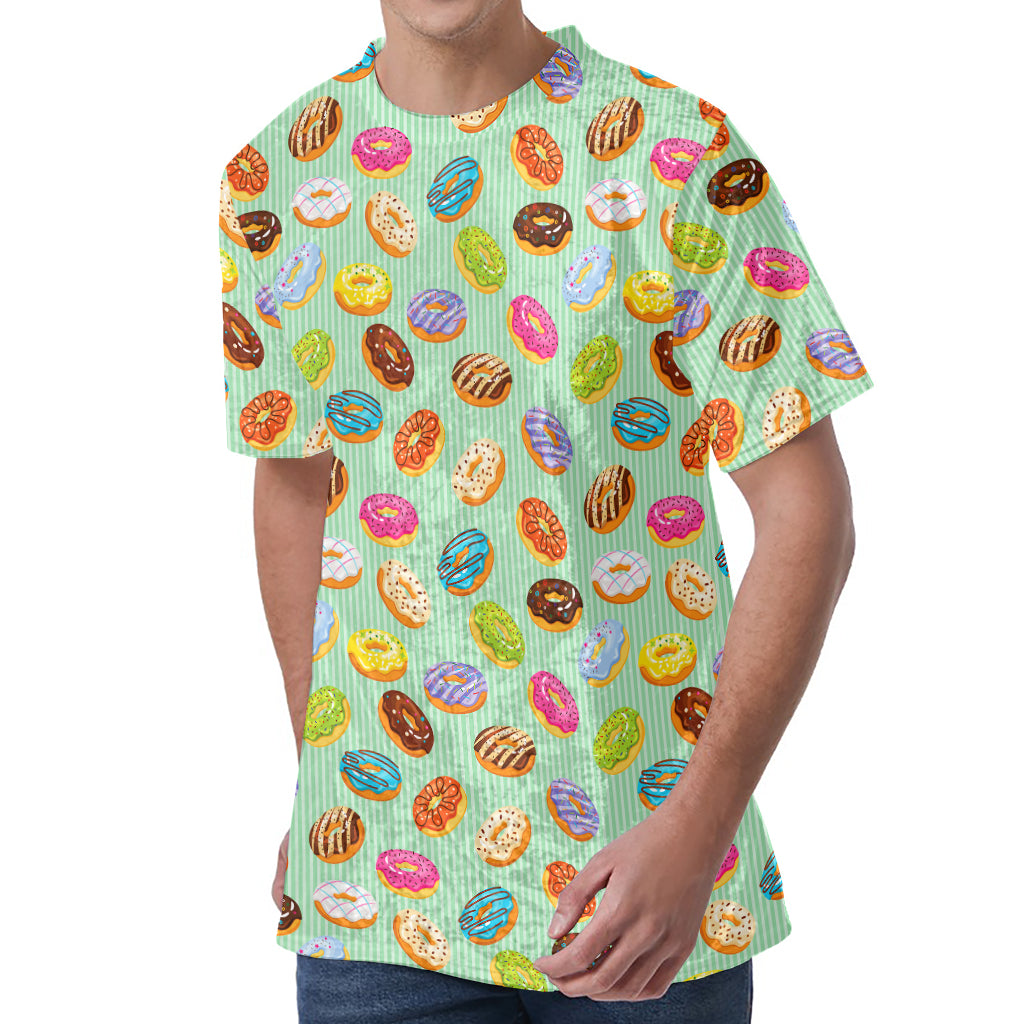 Green Striped Donut Pattern Print Men's Velvet T-Shirt