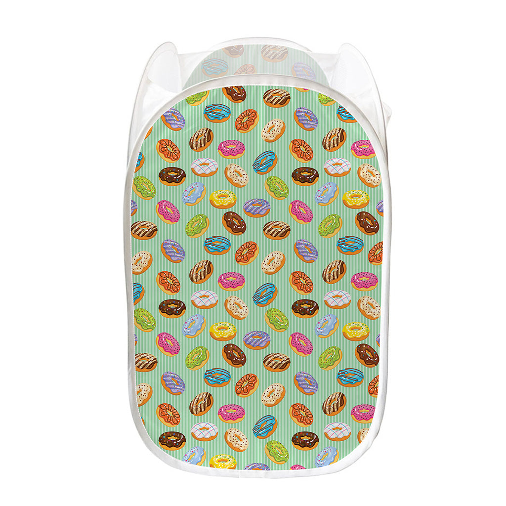 Green Striped Donut Pattern Print Mesh Laundry Hamper