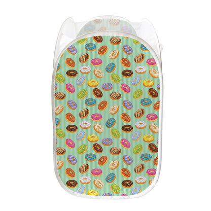 Green Striped Donut Pattern Print Mesh Laundry Hamper