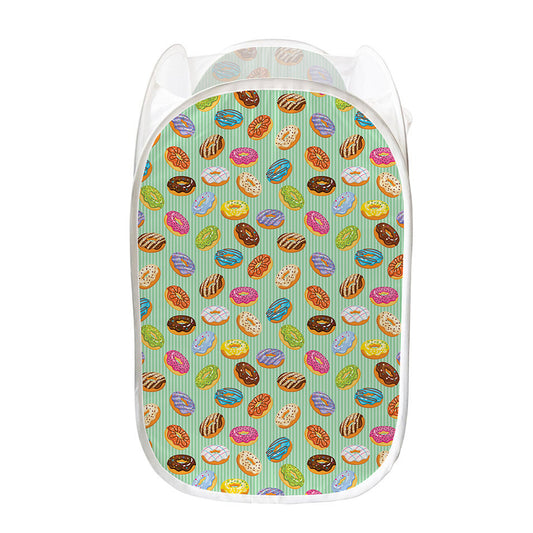 Green Striped Donut Pattern Print Mesh Laundry Hamper