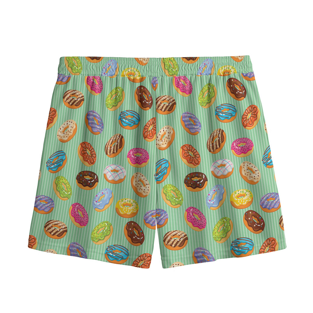 Green Striped Donut Pattern Print Mesh Shorts