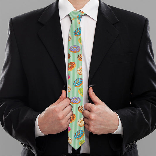 Green Striped Donut Pattern Print Necktie