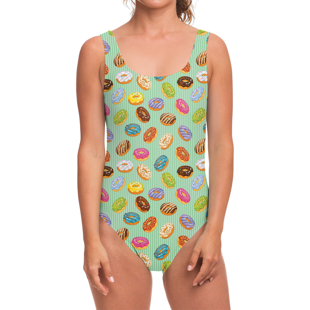 Green Striped Donut Pattern Print One Piece Swimsuit