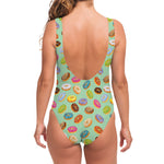 Green Striped Donut Pattern Print One Piece Swimsuit