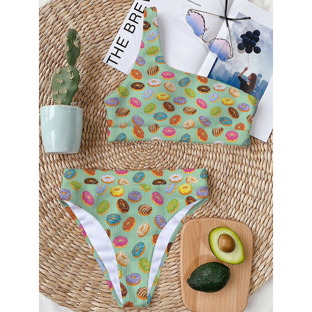 Green Striped Donut Pattern Print One Shoulder Bikini Top