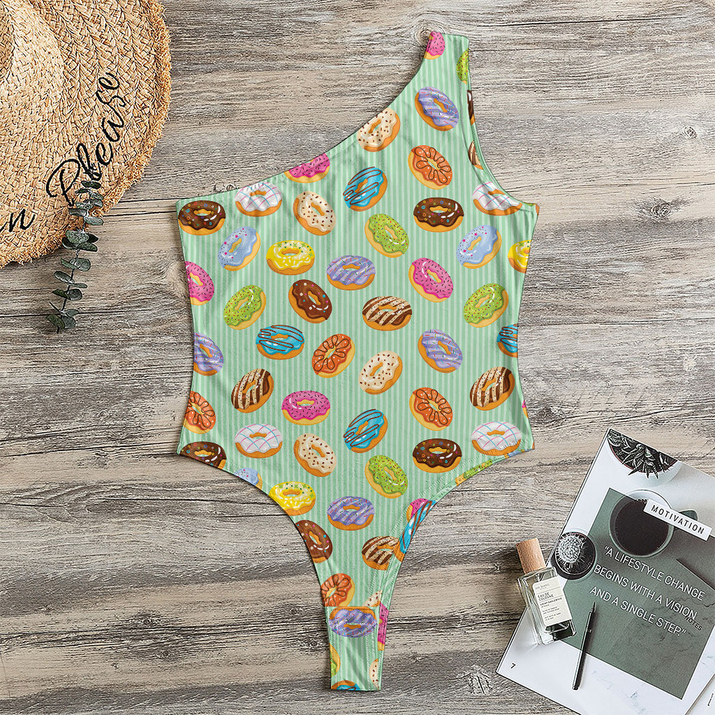 Green Striped Donut Pattern Print One Shoulder Bodysuit