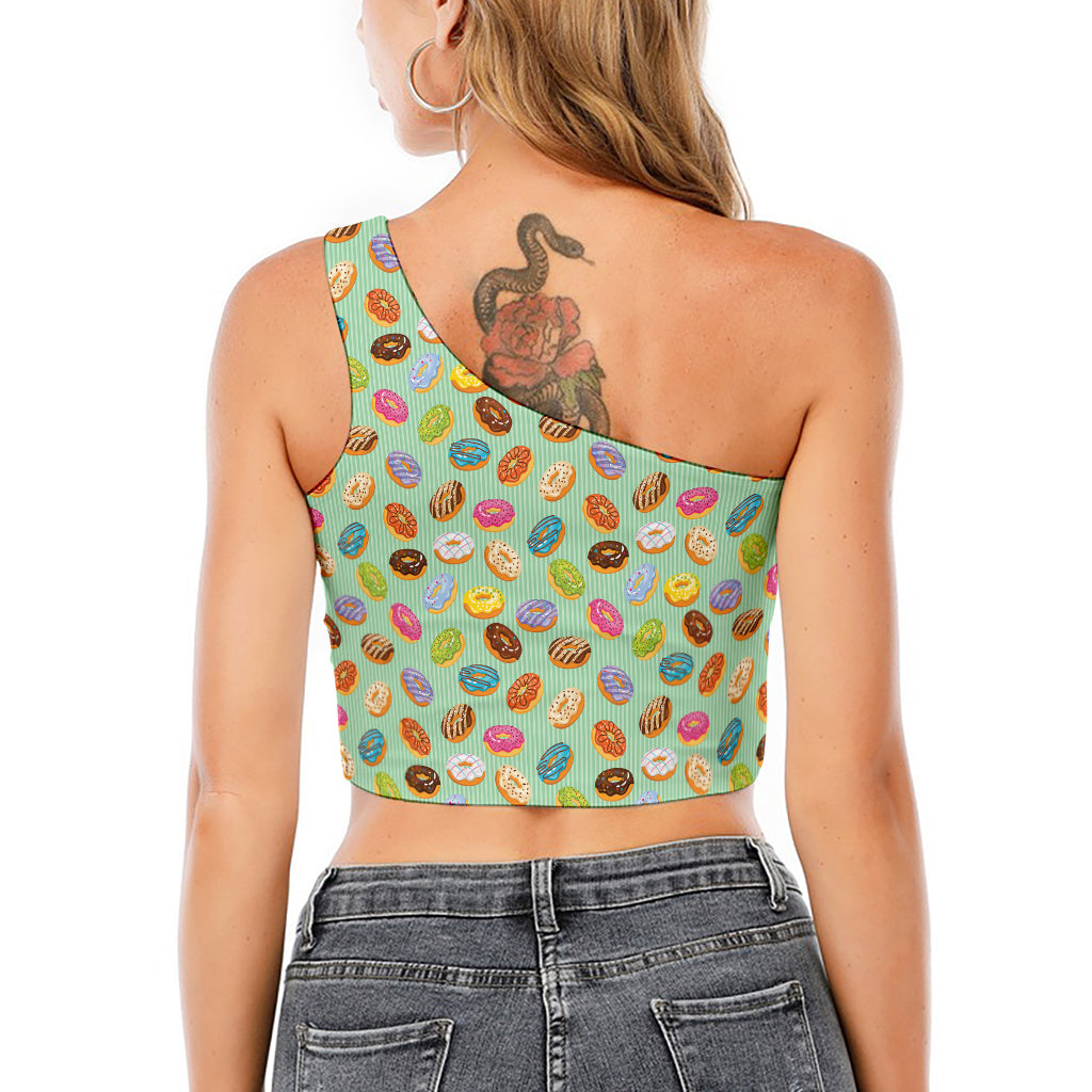 Green Striped Donut Pattern Print One Shoulder Crop Top
