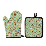 Green Striped Donut Pattern Print Oven Mitt And Pot Holder Set