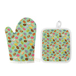 Green Striped Donut Pattern Print Oven Mitt And Pot Holder Set