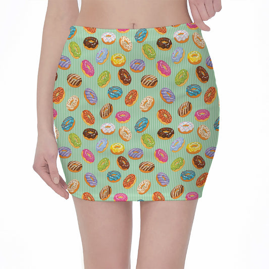 Green Striped Donut Pattern Print Pencil Mini Skirt