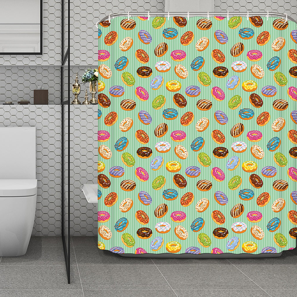 Green Striped Donut Pattern Print Polyester Shower Curtain