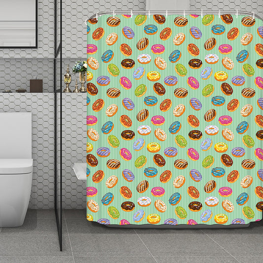 Green Striped Donut Pattern Print Polyester Shower Curtain