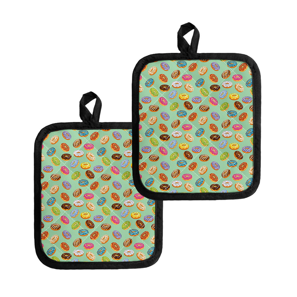 Green Striped Donut Pattern Print Pot Holders