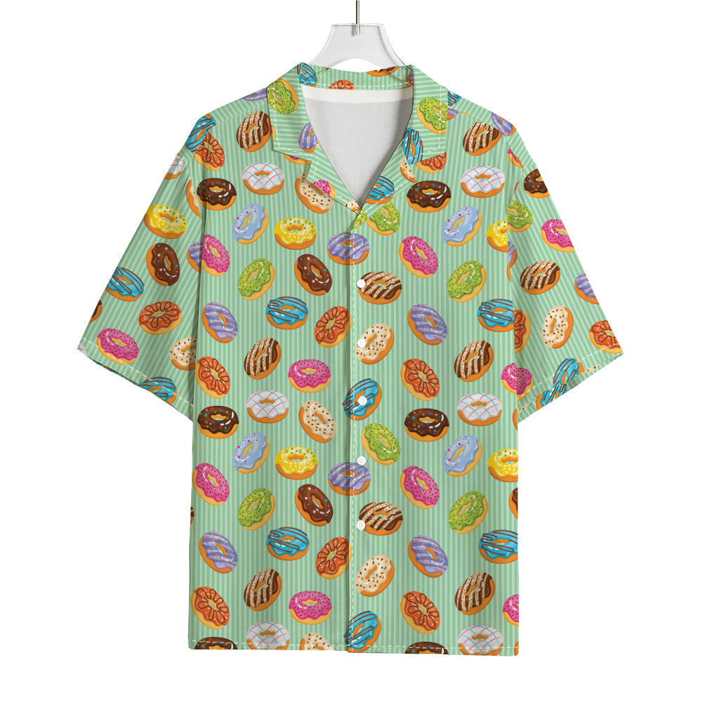 Green Striped Donut Pattern Print Rayon Hawaiian Shirt