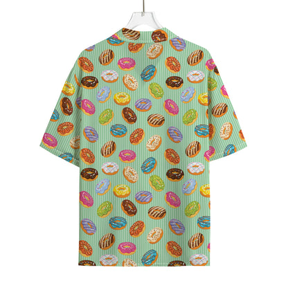 Green Striped Donut Pattern Print Rayon Hawaiian Shirt