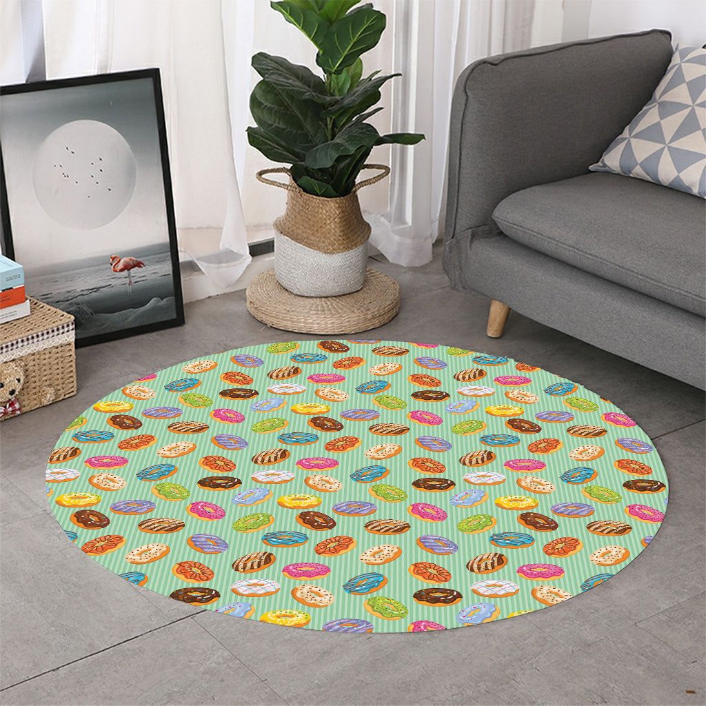 Green Striped Donut Pattern Print Round Rug