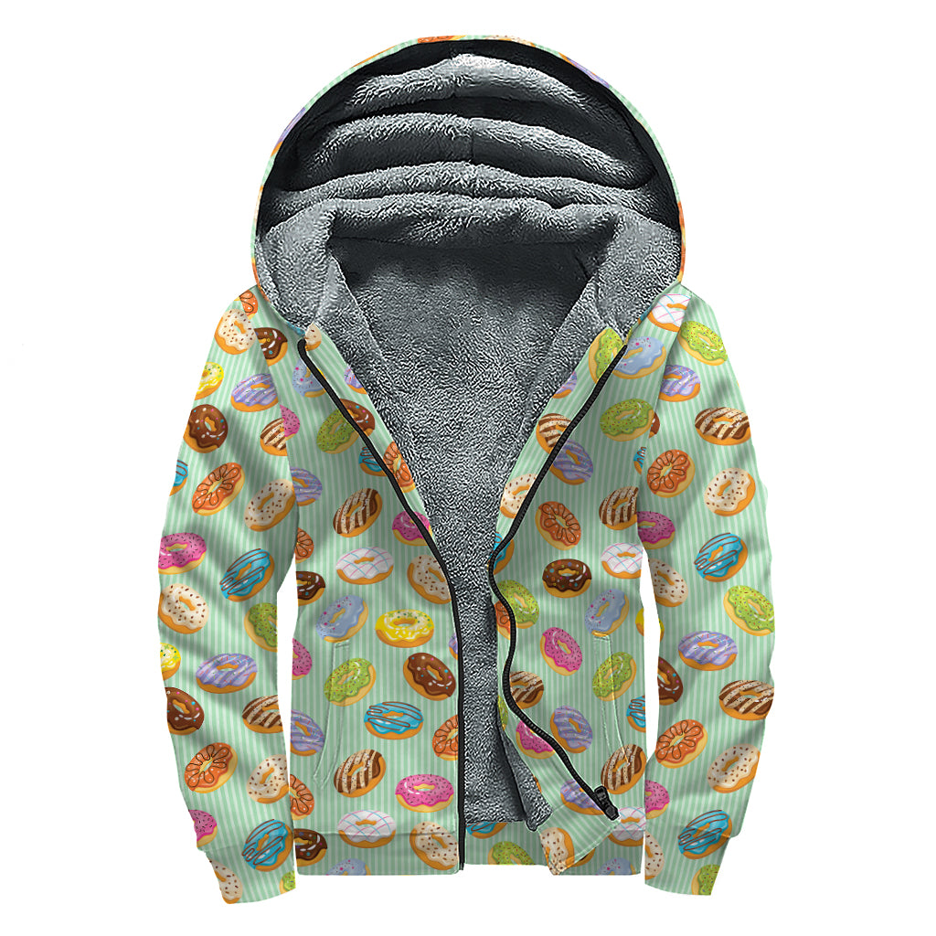 Green Striped Donut Pattern Print Sherpa Lined Zip Up Hoodie