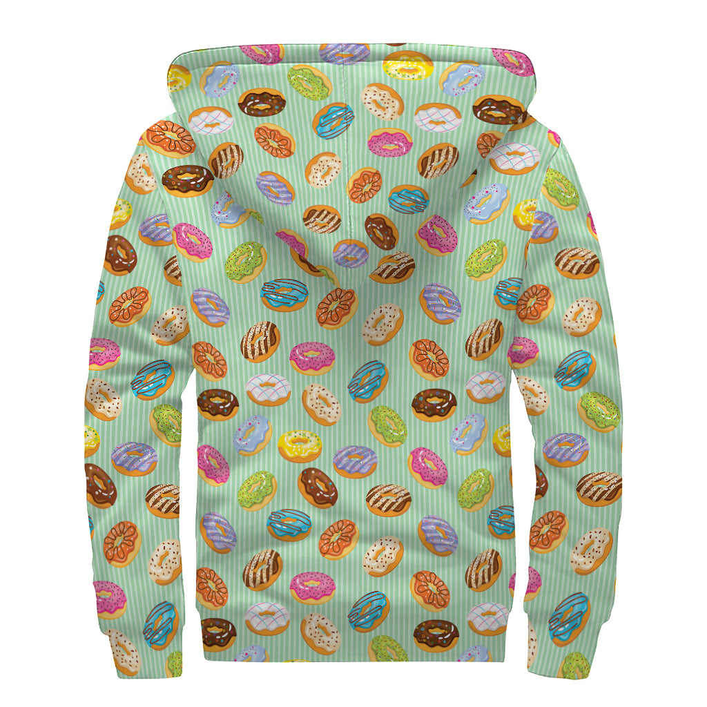 Green Striped Donut Pattern Print Sherpa Lined Zip Up Hoodie