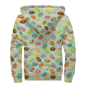 Green Striped Donut Pattern Print Sherpa Lined Zip Up Hoodie