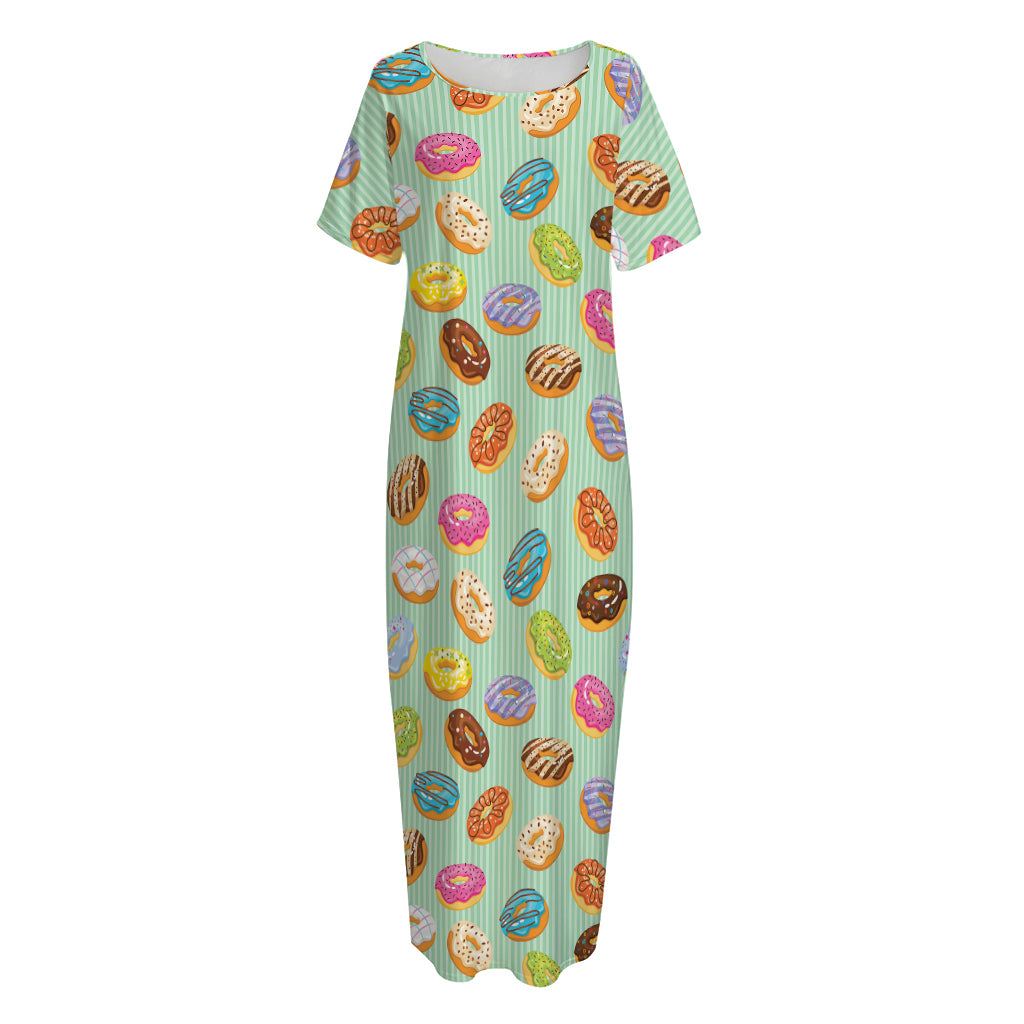 Green Striped Donut Pattern Print Short Sleeve Long Nightdress