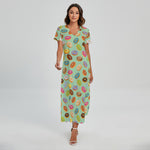 Green Striped Donut Pattern Print Short Sleeve Maxi Dress