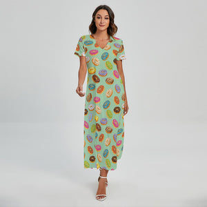 Green Striped Donut Pattern Print Short Sleeve Maxi Dress