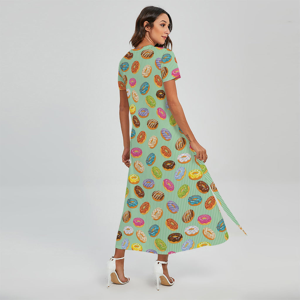 Green Striped Donut Pattern Print Short Sleeve Maxi Dress