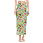 Green Striped Donut Pattern Print Side Slit Maxi Skirt