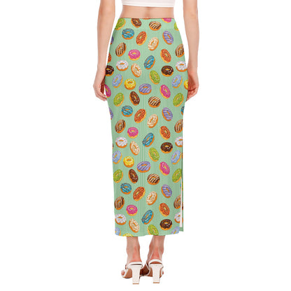Green Striped Donut Pattern Print Side Slit Maxi Skirt