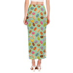 Green Striped Donut Pattern Print Side Slit Maxi Skirt