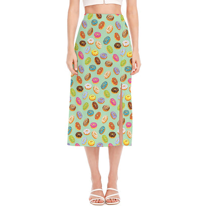 Green Striped Donut Pattern Print Side Slit Midi Skirt